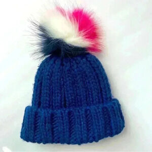 Boden Blue,Pink,White and‎ Red Pom Pom Knit Ribbed Beanie Size XS Stretch